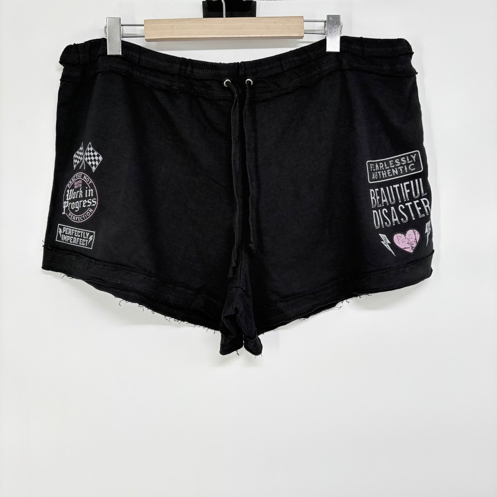 Beautiful Disaster Black Graphic Lounge Shorts Raw Hem Plus Size C3X Drawstring